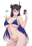  1girl absurdres artist_name bikini bikini_top_only black_hair blue_bikini blue_hair blush breasts cellphone collarbone colored_inner_hair commentary contrapposto demon_horns english_commentary highres holding holding_phone hololive hololive_english horns large_breasts long_hair mole mole_on_pussy mole_under_eye multicolored_hair myth1carts navel nerissa_ravencroft phone pussy red_eyes shiori_novella signature simple_background smartphone solo stomach strap_lift swimsuit uneven_horns very_long_hair virtual_youtuber white_background 
