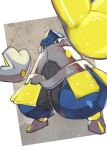  border brown_background commentary_request disembodied_limb gara_(qbeuxvii22) highres iron_hands_(pokemon) looking_down no_humans pokemon pokemon_(creature) solo standing white_border yellow_eyes 