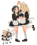  2girls :d ^^^ alternate_costume apron black_dress black_hair blonde_hair blue_eyes blush breasts chito_(shoujo_shuumatsu_ryokou) chzzei commission dress enmaided flying_sweatdrops full_body highres holding holding_hands holding_tray interlocked_fingers kneehighs liquid_soap long_hair looking_at_viewer maid maid_headdress multiple_girls multiple_views open_mouth shoujo_shuumatsu_ryokou smile socks standing standing_on_one_leg tray waist_apron white_socks yuuri_(shoujo_shuumatsu_ryokou) 