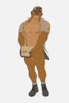  abs absurd_res anthro backwards_hat boots brown_body brown_eyes brown_fur clothing delivery_(commerce) delivery_employee dick_in_a_box footwear fur hat headgear headwear hi_res kolvackh male mammal muscular muscular_male mustelid otter pantsless smile smirk solo solo_focus toothpick 