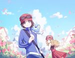  1boy 1girl black_hair black_shirt blonde_hair blue_jacket blue_sky calem_(pokemon) eyewear_on_headwear falling_petals froakie grey_eyes highres jacket kashima_momoki on_shoulder petals pleated_skirt pokemon pokemon_(creature) pokemon_(game) pokemon_on_shoulder pokemon_xy red_headwear serena_(pokemon) shirt skirt sky sleeveless sleeveless_shirt sunglasses 