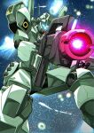  adama0s0284 aiming arm_shield assault_visor beam_rifle char&#039;s_counterattack commentary energy_gun exhaust explosion foreshortening gun gundam highres holding holding_gun holding_weapon jegan mecha missile_pod mobile_suit no_humans robot science_fiction solo space star_(sky) weapon 