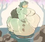  2022 absurd_res asian_mythology belly big_belly big_butt blush breasts butt cherry_blossom detailed_background east_asian_mythology eyelashes glistening glistening_body green_body hi_res huge_belly huge_butt humanoid japanese_mythology kappa kappsona_(kapptastic) kapptastic looking_back male moobs multicolored_body mythology nipples nude obese obese_humanoid obese_male overweight overweight_humanoid overweight_male plant pond river rock scalie shell side_boob side_view solo sooftly tail tree water yokai 