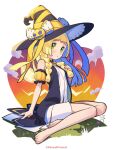  1girl alternate_costume arm_support barefoot black_coat blonde_hair blunt_bangs blush braid coat commentary_request dress eyelashes full_body green_eyes halloween halloween_costume hand_up hat hat_ornament hat_ribbon highres kinocopro legs lillie_(pokemon) long_hair open_clothes open_coat pokemon pokemon_(game) pokemon_sm ribbon sitting sleeveless sleeveless_coat solo toes twin_braids twitter_username white_dress witch_hat yellow_ribbon 