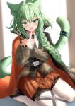  1girl :d absurdres animal_ears arknights belt black_footwear black_necktie blush braid cape cat_ears cat_girl cat_tail green_eyes green_hair harmonie_(arknights) harmonie_(invitation)_(arknights) high_heels highres holding holding_wand long_hair long_sleeves looking_at_viewer miniskirt necktie official_alternate_costume open_mouth pantyhose plaid plaid_skirt pleated_skirt red_cape single_braid skirt smile sora_mame_(princess_0sora) tail very_long_hair wand white_pantyhose 
