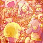  3girls afterimage blonde_hair blue_hair chef_kawasaki crowerfly disembodied_limb flamberge_(kirby) francisca_(kirby) highres holding holding_spoon hot_sauce hyness jammerjab kirby kirby:_star_allies kirby_(series) multicolored_eyes multiple_girls open_mouth red_hair sketch skull solid_oval_eyes spoon twitter_username void_termina zan_partizanne 