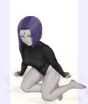  1girl absurdres arm_support bare_legs barefoot black_leotard breasts colored_skin dc_comics feet forehead_jewel full_body grey_skin highleg highleg_leotard highres ian(yu) legs leotard looking_at_viewer medium_breasts purple_eyes purple_hair raven_(dc) short_hair soles solo teen_titans thighs toenails toes 