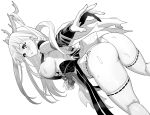  1girl ass azur_lane azur_lane:_slow_ahead bare_back breasts dragon_horns fingernails from_behind greyscale hair_on_horn hori_(hori_no_su) horns japanese_clothes large_breasts long_hair looking_at_viewer looking_back monochrome official_art parted_lips revealing_clothes ribbon-trimmed_thighhighs shimanto_(azur_lane) simple_background solo thighhighs wet white_background 