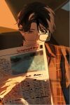  1boy black_hair brown_eyes brown_jacket chinese_commentary commentary_request covering_mouth dark glasses holding holding_newspaper indoors jacket klein_moretti looking_at_object lord_of_the_mysteries newspaper partially_shaded_face solo sunlight tianlihutong 