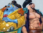  2boys abs absurdres aladdin_(one_piece) back-to-back bara bare_pectorals beard black_hair blue_skin colored_skin curly_eyebrows facial_hair fish_boy goatee high_ponytail highres japanese_clothes jinbe_(one_piece) jolly_roger kimono large_pectorals long_beard long_hair long_nose male_focus mature_male multiple_boys muscular muscular_male mustache nipples one_piece open_mouth pectoral_cleavage pectorals rollo_(kuyuen1) sharp_teeth smile strongman_waist teeth thick_eyebrows tusks very_long_beard 