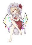  1girl absurdres ascot barefoot blonde_hair crossed_legs crystal eyebrows_hidden_by_hair feet flandre_scarlet full_body hair_between_eyes hand_on_own_cheek hand_on_own_face hat hat_ribbon head_tilt highres invisible_chair light_smile looking_at_viewer mob_cap nail_polish r_utchi red_eyes red_nails ribbon short_sleeves simple_background sitting skirt solo toenail_polish toenails touhou white_background wings 