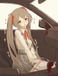  1girl alternate_hair_color bangs blush breasts brown_hair car_interior clenched_hands embarrassed flying_sweatdrops frilled_skirt frills full_body green_eyes grey_skirt hair_ornament hair_ribbon hairclip hatsune_miku have_to_pee head_tilt highres legs_together long_hair long_sleeves looking_at_viewer miniskirt minoco neck_ribbon nose_blush open_mouth own_hands_together plaid plaid_skirt pleated_skirt red_ribbon ribbon shirt sitting skirt small_breasts solo suspenders sweat tears thighhighs trembling twintails v_arms very_long_hair vocaloid white_shirt white_thighhighs window 
