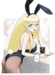  1girl animal_ears ass big_hair blonde_hair blue_lips breasts detached_collar dianna_soreil drinking_straw fake_animal_ears fake_tail from_side glass gundam hair_ornament large_breasts lipstick long_hair looking_at_viewer makeup mitsutsu322 open_mouth pantyhose playboy_bunny rabbit_ears rabbit_tail smile solo tail turn_a_gundam waitress 