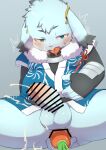  anal anal_masturbation anthro asian_clothing balls belly blue_body blue_eyes blue_fur blush bodily_fluids bottomless carrot clothed clothing cum east_asian_clothing erection food fur genital_fluids genitals hitsuzi_taro11 improvised_dildo improvised_sex_toy inaba_(tamacolle) japanese_clothing kimono lagomorph leporid long_ears male male_penetrated mammal masturbation orgasm penetration penis plant rabbit slightly_chubby solo tamacolle tongue tongue_out vegetable 