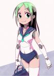  1girl android aqua_eyes bag breasts green_hair holding holding_bag joints long_hair looking_at_viewer navel original parted_bangs robot_joints sailor_collar small_breasts smile solo tommy_region 