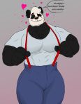 &lt;3 anthro bear big_pecs clothing diggydog eyes_closed fur giant_panda hi_res lucas_(diggydog) male mammal multicolored_body multicolored_fur muscular muscular_anthro muscular_male overalls pecs smile solo speech_bubble thick_thighs two_tone_body two_tone_fur wide_hips 