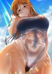  1girl absurdres adjusting_hair alternate_costume bangs black_eyes bleach blue_sky breasts cloud commentary_request competition_swimsuit covered_navel covered_nipples cronose_sama curvy day female_pubic_hair hair_ornament hairpin hand_up head_tilt highleg highleg_swimsuit highres inoue_orihime large_breasts looking_at_viewer one-piece_swimsuit parted_bangs parted_lips plump pubic_hair see-through_swimsuit sky smile solo sunlight swimsuit thighs wet white_one-piece_swimsuit 