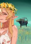  1girl bare_shoulders blonde_hair breasts crying dark-skinned_female dark_skin dress elf field flower flower_field gameplay_mechanics green_sky half-closed_eyes head_wreath highres hololive large_breasts long_hair midsommar motor_vehicle multicolored_hair open_mouth parody pointy_ears red_eyes shiranui_flare solo streaked_hair sweat tears truck uzuradobin virtual_youtuber white_dress white_hair 