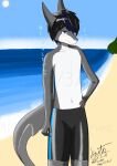  absurd_res anthro black_hair blue_eyes cetacean clothed clothing dolphin fin grey_body hair hi_res kaito_(kaitoaoi_0120) kaitoaoi_0120 male mammal marine seaside solo swimming_trunks swimwear tail tail_fin toothed_whale topless topless_male white_body 