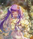  1girl absurdres bare_shoulders blurry blurry_background bridal_veil closed_eyes commission covered_navel dress elbow_gloves english_commentary facing_viewer flower gloves gradient_hair hair_ornament happy highres holding holding_flower lilac_(k32420276) long_hair multicolored_hair open_mouth original outdoors plant purple_hair ruthenium77&#039;s_character sleeveless sleeveless_dress smile solo standing tearing_up teeth tongue twintails upper_body upper_teeth_only veil white_dress white_gloves 