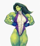  1girl abs absurdres blue_gloves breasts cleavage colored_skin covered_abs fingerless_gloves gloves green_hair green_skin grin heart highres large_breasts leotard long_hair looking_at_viewer marvel muscular muscular_female one_eye_closed setsuna_kasugano she-hulk simple_background smile solo standing thick_thighs thighs white_background 