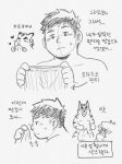  &lt;3 2019 anthro black_and_white blush bodily_fluids bulge clothing duo erection_under_towel felid guide_lines hair hi_res hiroyuki_(morenatsu) human jeck korean_text male mammal monochrome morenatsu pantherine sniffing sweat sweatdrop text tiger torahiko_(morenatsu) traditional_media_(artwork) translation_request underwear underwear_sniffing 