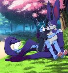  anthro blue_body blue_eyes bunny_ears_(gesture) chimera cyan_chess_(character) domestic_cat duo felid feline felis forest forest_background gesture hand_on_shoulder keon_(neos8) male male/male mammal multi_eye nature nature_background park pink_tree plant purple_body tommysamash tree 