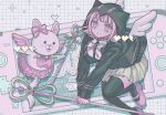  1girl black_jacket black_thighhighs bow breasts brown_skirt danganronpa_(series) danganronpa_2:_goodbye_despair ear_bow game_over hair_ornament handheld_game_console heart holding holding_staff jacket large_breasts layered_skirt long_sleeves looking_at_viewer medium_hair nanami_chiaki neck_ribbon open_clothes open_jacket pink_bow pink_eyes pink_footwear pink_ribbon pink_skirt pisapipi pleated_skirt ribbon shoes skirt staff thighhighs two-tone_shirt usami_(danganronpa) wings 