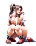  1girl absurdres ass bare_shoulders blush bow breasts brown_eyes brown_hair cleavage collarbone elbow_rest fatal_fury hair_ribbon hand_guard hand_on_own_face head_rest high_ponytail highres huge_breasts japanese_clothes knees_together_feet_apart long_hair looking_at_viewer ninja parted_bangs parted_lips ponytail revealing_clothes ribbon rope shiranui_mai simple_background smile socks solo squatting tabi the_king_of_fighters thick_thighs thighs toes white_background wrato 