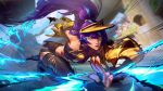  1girl bare_shoulders black_gloves black_shorts black_thighhighs closed_mouth day fingerless_gloves gloves high_heels highres irelia jacket league_of_legends league_of_legends:_wild_rift lightning long_hair official_art open_clothes open_jacket outdoors ponytail purple_hair shorts solo soul_fighter_irelia stadium thighhighs yellow_jacket 