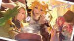  ! 1girl 2boys alberius_(dragalia_lost) artist_request beret blod bowl chest_strap commentary_request cooking copyright_name dragalia_lost dragon_horns green_eyes green_hair hat holding holding_bowl holding_ladle horns humanoid_midgardsormr_(dragalia_lost) ladle looking_at_another looking_at_food multiple_boys myriam_(dragalia_lost) official_art open_mouth photo_(object) red_eyes red_hair smile speech_bubble spoon steam steaming_food tent 