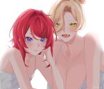  2girls absurdres ange_katrina blonde_hair blue_eyes blush breasts camisole fang flat_chest hair_between_eyes hair_bun hair_intakes hair_ornament hairclip hand_on_own_cheek hand_on_own_face hazaki_mani highres huge_breasts looking_at_viewer medium_hair multiple_girls nijisanji nui_sociere open_mouth parted_bangs red_hair skin_fang smile spaghetti_strap swept_bangs upper_body virtual_youtuber white_camisole yellow_eyes 