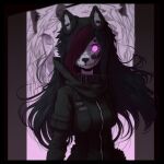  1:1 black_border black_clothing black_hair border clothing collar facial_scar female furrynight1471_(artist) hair hope_metcalf_(character) looking_at_viewer pink_eyes pink_hair scar skulldog_(species) solo 