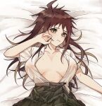  1girl ahoge amera_(irisqr3) bed_sheet brown_hair brown_skirt collarbone danganronpa_(series) danganronpa_2:_goodbye_despair genderswap genderswap_(mtf) hand_up hinata_hajime long_hair lying no_bra on_back open_clothes open_shirt open_skirt parted_lips pleated_skirt shirt_tucked_in skirt solo sweat teeth 