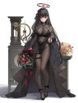 1girl alternate_costume black_bodysuit black_dress blue_archive blush bodysuit bouquet bridal_gauntlets bridal_veil cameltoe candle candlestand clock commentary covered_navel detached_sleeves dress flower full_body grandfather_clock groin hair_flower hair_ornament halo highres holding holding_bouquet leviathan_(hikinito0902) long_hair looking_at_viewer o-ring red_eyes red_flower red_rose rio_(blue_archive) rose see-through_bodysuit skindentation solo straight_hair thigh_gap thigh_strap veil very_long_hair 