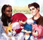  2girls 4boys amy_rose arm_hug blue_eyes brown_hair dark-skinned_female dark_skin furry furry_female furry_male gloves green_eyes hand_on_another&#039;s_head highres isa-415810 knuckles_the_echidna multiple_boys multiple_girls open_mouth sonic_(series) sonic_the_hedgehog sonic_the_hedgehog_(film) sonic_the_hedgehog_2_(film) tails_(sonic) twitter_username very_dark_skin white_gloves 