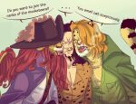  3boys animal_ears black_hair cigarette collar english_text facial_hair goatee hat_feather hiddenkallz lion_ears long_hair multiple_boys one_piece pedro_(one_piece) red_hair rob_lucci shishilian_(one_piece) short_hair smoking speech_bubble 