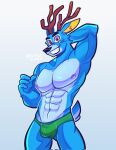  2023 abs animal_crossing anthro antlers bam_(animal_crossing) big_muscles briefs bulge clothed clothing deer eyebrows fluchinick fur hand_behind_head hi_res horn looking_at_viewer male mammal muscular muscular_anthro muscular_male navel nintendo nipples pecs seductive simple_background smile solo standing teeth topless topless_anthro topless_male tuft underwear white_background 