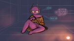  16:9 blush bottomless clothed clothing dark_room five_pebbles_(rain_world) genitals hi_res humanoid iterator light lighting lumifly machine male orange_clothing penis pink_body pink_skin presenting rain_world robot robot_humanoid solo topwear unseen_character white_eyes widescreen 