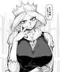 1girl breasts crown frown fur_trim gloves greyscale hilling_(ousama_ranking) huge_breasts long_hair long_sleeves looking_at_viewer monochrome nujima ousama_ranking solo speech_bubble sweat upper_body vest white_background 