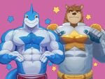  2023 4_fingers abs anthro armor bear belt biceps blue_body blue_eyes blue_scales blue_star bottomwear brown_bear brown_body brown_eyes brown_fur chest_markings claws clothed clothing cuirass deltoids duo fin finger_claws fingers fish fur gesture head_fin hi_res looking_at_another male mammal marine markings multicolored_body multicolored_scales muscular muscular_anthro muscular_male navel pecs pink_background pointing pointing_at_self red_bottomwear red_clothing red_shorts scales shark shorts silver_(metal) silver_armor simple_background spaulder star_marking taetae topless two_tone_body two_tone_scales ursine vambrace white_body white_scales yellow_sclera yellow_star 