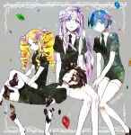  1boy 3girls alternate_species beatrice_(re:zero) belt blue_hair broken_arm broken_leg colored_skin copyright_name cracked_skin crystal_hair drill_hair emilia_(re:zero) empty_eyes flower gem_uniform_(houseki_no_kuni) hair_flower hair_ornament hair_ribbon hairband highres houseki_no_kuni looking_at_viewer multiple_girls natsuki_subaru necktie parted_lips re:zero_kara_hajimeru_isekai_seikatsu rem_(re:zero) ribbon sakai_(knnkwakame) short_sleeves shorts sitting thighhighs twin_drills white_skin 