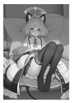  1girl absurdres animal_ear_headphones animal_ears black_thighhighs blue_archive blunt_bangs blush border bow cat_ear_headphones cat_tail collared_shirt couch dress_shirt fake_animal_ears feet frown furrowed_brow greyscale hair_bow half-closed_eyes halo headphones highres jacket knees_up leaning_back legs long_sleeves looking_at_viewer low_twintails momoi_(blue_archive) monochrome multicolored_clothes multicolored_jacket necktie no_shoes off_shoulder on_couch open_clothes open_jacket panties pantyshot pillow pretty_mundane reclining shirt short_necktie sitting sleeves_past_wrists solo striped striped_panties stuffed_toy tail thighhighs twintails underwear white_border wide_sleeves 