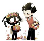  2boys amy7996659 backpack bag bags_under_eyes black_gloves black_hair black_pants blank_eyes blush bug butterfly collared_shirt don&#039;t_starve fangs feet_out_of_frame fingerless_gloves flower flower_wreath furry furry_male gloves hand_on_another&#039;s_head head_wreath highres holding holding_flower looking_at_another male_focus monster_boy multiple_boys open_mouth pants petals putting_on_headwear red_vest shirt short_hair simple_background sleeves_rolled_up smile spider_boy spiked_hair standing vest webber_(don&#039;t_starve) white_background white_shirt widow&#039;s_peak wilson_(don&#039;t_starve) 