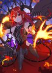  1girl armor bare_shoulders breastplate chain dress duel_monster flaming_arm hand_up highres horns pinyata_(pinyaland) promethean_princess_bestower_of_flames red_dress red_eyes red_hair solo yu-gi-oh! 