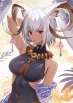  1girl animal_ears ankh_necklace arknights arm_behind_head arm_up armpits backlighting bare_shoulders black_one-piece_swimsuit breasts carnelian_(arknights) carnelian_(shimmering_dew)_(arknights) casual_one-piece_swimsuit closed_mouth covered_navel goat_ears goat_girl goat_horns grey_hair horns impossible_clothes impossible_swimsuit large_breasts longyu_(17767756) looking_at_viewer off_shoulder official_alternate_costume one-piece_swimsuit red_eyes short_hair smile solo swimsuit upper_body 