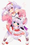 2girls absurdres animal_ears azur_lane beads black_hairband blue_eyes blush bow_hairband breasts capelet cleavage commentary_request dragon_girl dragon_horns dress fake_animal_ears frilled_dress frills full_body fur-trimmed_capelet fur_trim hair_beads hair_ornament hairband highres horns jacket kanna_kamui kobayashi-san_chi_no_maidragon laffey_(azur_lane) long_hair long_sleeves low_twintails multiple_girls naganawa_maria notice_lines pantyhose parted_lips pink_eyes pink_jacket puffy_long_sleeves puffy_sleeves purple_hair rabbit_ears red_footwear short_dress simple_background sleeves_past_wrists takumi_mizuki tank_top twintails voice_actor_connection white_background white_pantyhose white_tank_top 