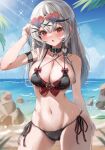  1girl :o absurdres beach bikini black_bikini black_collar black_hair blue_sky braid breasts cloud collar collarbone commentary_request day eyewear_on_head grey_hair hair_ornament heart heart-shaped_eyewear heart_collar highres hololive keesuke_(kkosyoku) large_breasts long_hair looking_at_viewer multicolored_hair ocean outdoors red_eyes sakamata_chloe side-tie_bikini_bottom single_braid sky solo streaked_hair sunglasses swimsuit virtual_youtuber wet x_hair_ornament 