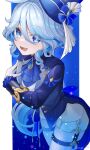  1girl absurdres ascot blue_ascot blue_background blue_brooch blue_eyes blue_gemstone blue_hair blue_jacket colored_inner_hair cowboy_shot drop-shaped_pupils eyes_visible_through_hair from_side furina_(genshin_impact) gem genshin_impact gloves hair_over_one_eye hat heterochromia highres jacket kodona light_blue_hair lolita_fashion long_hair looking_at_viewer looking_to_the_side mismatched_pupils mokankan multicolored_hair open_mouth pillarboxed shorts sidelocks solo thigh_strap top_hat twitter_username wavy_hair white_gloves white_shorts 