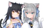  2girls amashiro_natsuki animal_ears black_hair blue_hair capelet cat_ears cat_girl cat_tail character_name closed_mouth collarbone commentary_request copyright_request ear_piercing green_eyes grey_hair horns indie_virtual_youtuber long_hair long_sleeves multicolored_hair multiple_girls nachoneko piercing shirt signature sleeves_past_fingers sleeves_past_wrists smile tail two-tone_hair two_side_up upper_body virtual_youtuber white_capelet white_shirt yellow_eyes 